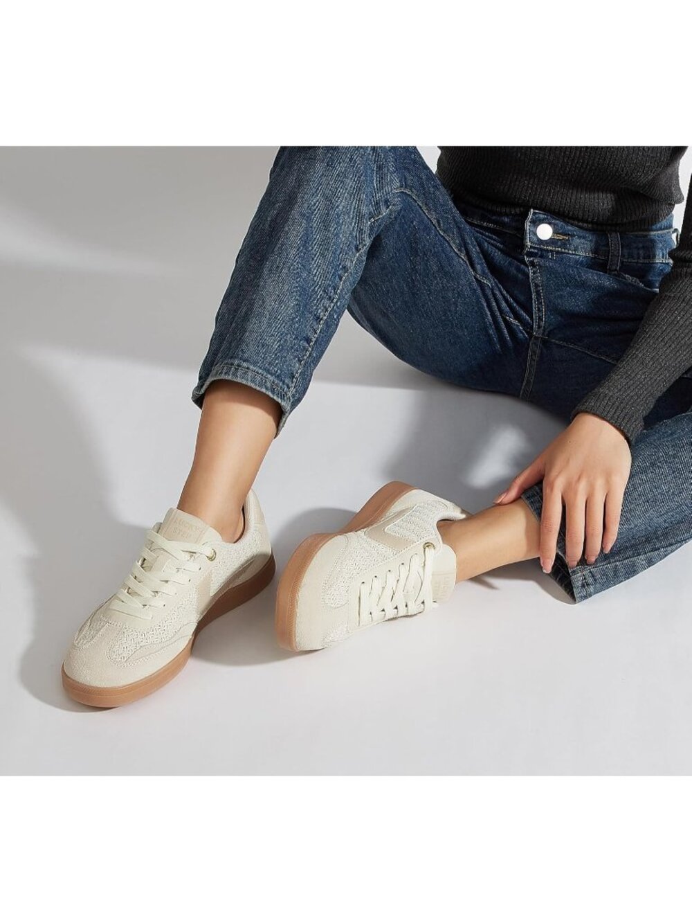 Women's Beige Classic Fashion Casual Skate No Slip Lace Up Walking Sneaker Shoes - Picture 2 of 7
